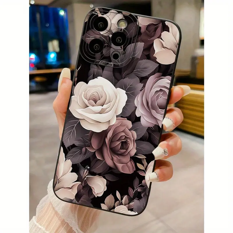 1pc Transparent TPU Smartphone Case with Gray Purple Large Flowers & Cartoon Astronaut Print, Fits iPhone 11/12/13/14/15 Pro Max, Impact Resistant Shockproof Anti-Fall Durable, Full Coverage Lens Protector