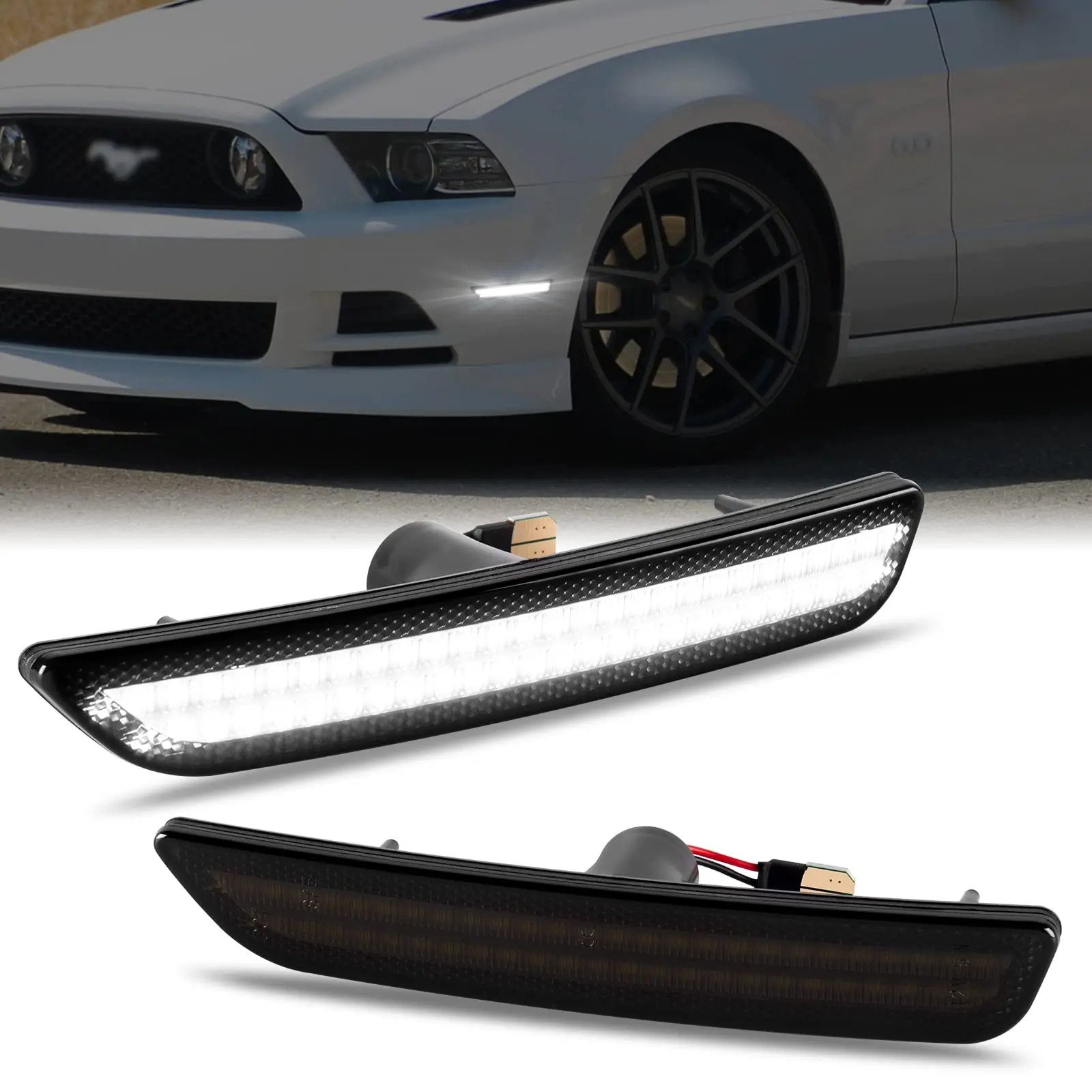 Gempro LED Front Side Marker Lights for Ford Mustang 2010-2014, AR3Z-15A201, Smoked Lens White Bumper Parking Lamps, ABS Plastic, Bright LEDs, High Efficiency, Plug-and-Play, 2PCS