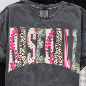 Comfort Colors Retro Baseball Game Day Shirt, Playful Baseball Stripes Leopard Pink Tee, Aesthetic Camo Baseball Distressed Varsity Top, Trendy Game Day Baseball Dots Graphic Shirt