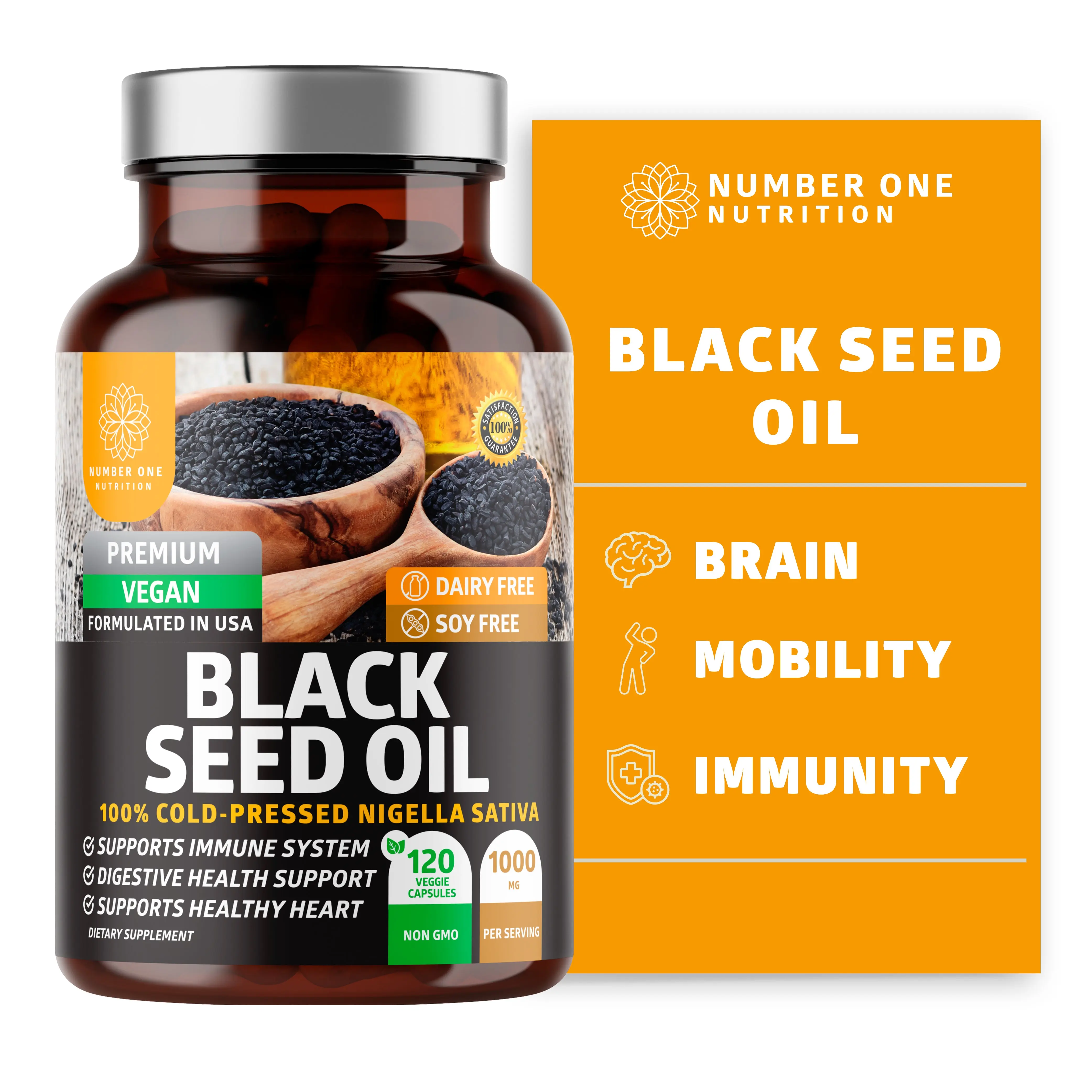 Premium Black Seed Oil [Max Strength, 1000 mg] 100% Cold-Pressed Nigela Sativa to Support Digestion, Immune System and Joint Comfort and Mobility, 120 Caps
