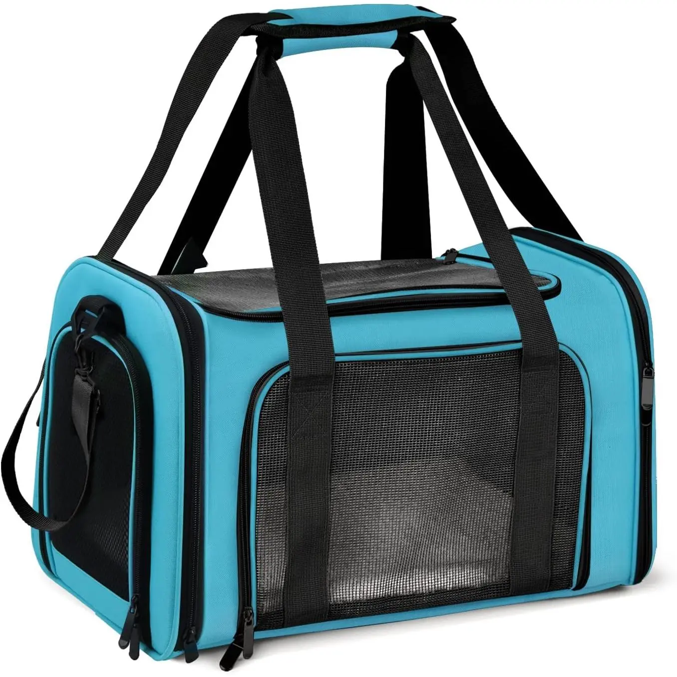 Henkelion Soft-Sided Pet Carrier - Airline-Approved, Collapsible with Zipper, Durable Fabric, Dual Handles, Carrier Backpack Option, Wooden Board, Breathable Mesh Entrances, 3-Layer Cozy Mat for Small-Medium Cats/Dogs Up to 15 Lbs, Blue