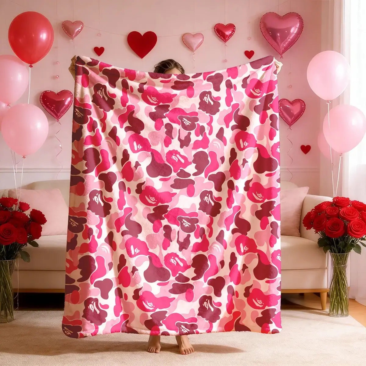 Pink Streetwear Camo Plush Fleece Blanket, Hypebeast Inspired Camouflage Throw Blanket, Soft Cozy Flannel Blanket for Couch Bed Sofa, Aesthetic Room Decor Gift