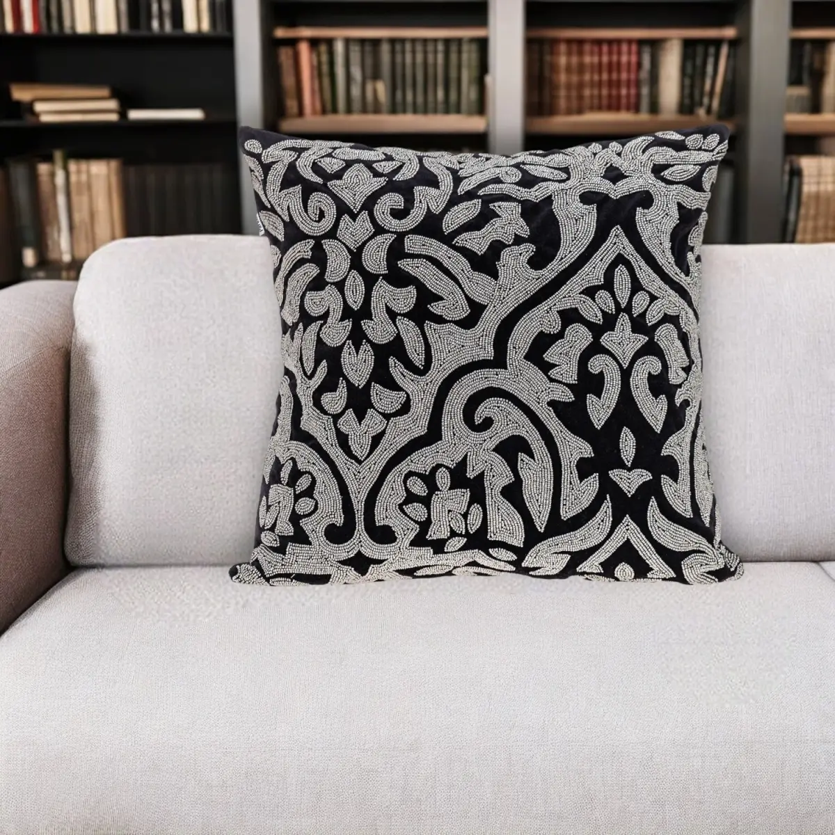 HomeRoots 18 in. Soft Black & Silver Damask Velvet Beaded Square Throw Pillow - Fabric Cushion with Polyfill Insert for Home Decor, Transitional Interior Design, Beads