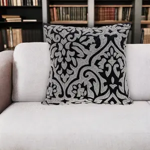 HomeRoots 18 in. Black & Silver Damask Velvet Beaded Square Throw Pillow, Home Decorative Square Cushion