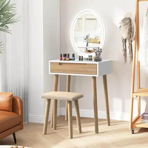 Small Makeup Vanity Desk with 3 Adjustable Lighted Mirror and Chair, 24 Inch Vanities Set with Drawer Wooden Frame Dressing Table for Mini Space HW1151 Dresser Furniture