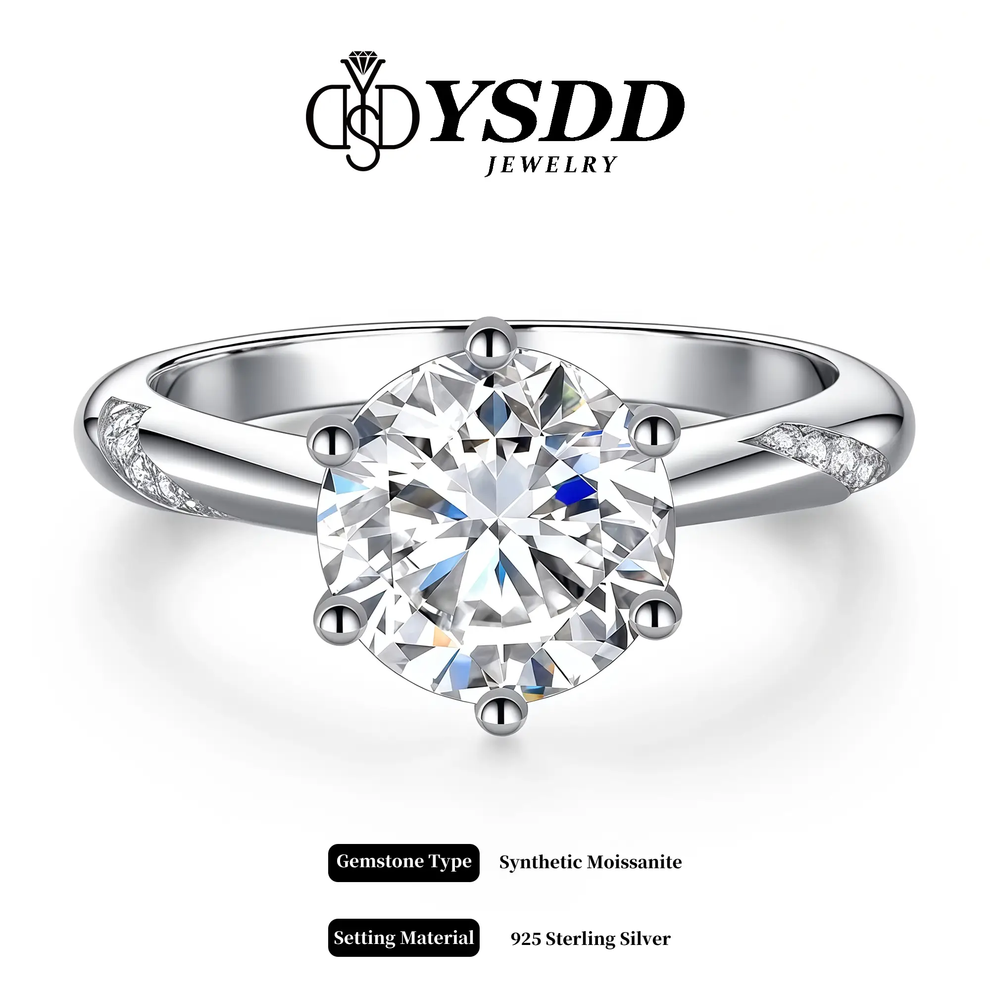 【#12 Classic】Tapered-band with Side Accents Six-prong Synthetic Moissanite Ring in 925 Sterling Silver 0.5-2Carat