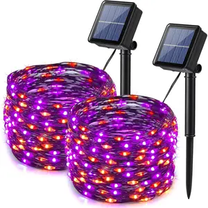 2 Pack Solar Lights, 33ft 100LED Orange Purple Twinkle Fairy Lights Waterproof 8 Modes Outdoor for Halloween Party DIY Decoration Black Wire