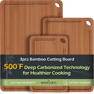 3 Pcs Bamboo Wood Serving Board Set - Kitchen Cutting Boards with Deep Juice Groove Side Handles,Chopping Butcher Blocks Knives Wooden Kitchenware Cooking