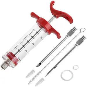 Meat Injector, Marinade Injector  with 2 Meat  for BBQ Grill , Turkey and Cooking 1-oz Capacity, 2 Stainless , 1 Brush, Red
