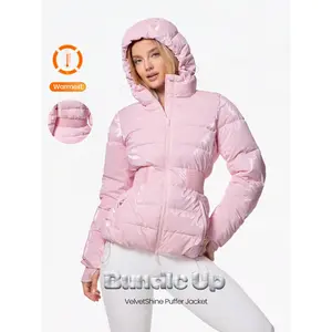 GLOWMODE VelvetShine Soft Lightweight Glossy Warm Water-Repellent Wide Elastic Waistband Adjustable Drawstring Hem Hood Slim-Fit Hooded Full-Zip Puffer Jacket Autumn Winter Outdoor Daily Casual