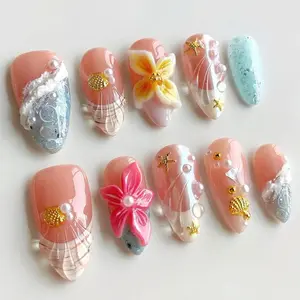 Tropical Beachy Press On Nails, Summer Ocean Nails, 3D Flower Art, Seashell Nail Set, Beach Vibes, Mermaid Inspired