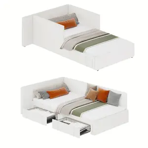 Beige Twin Daybed with 2 Storage Drawers, Corner Bed Frame with Extended Headboard and Bed Rails, Velvet Upholstered Sofa Bed with Guardrail for Bedroom, Adjustable Installation
