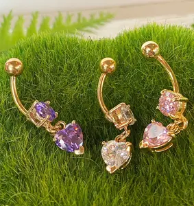 Gold Heart CZ Gem Belly Ring Navel Naval Clear, Pink, Tanzanite