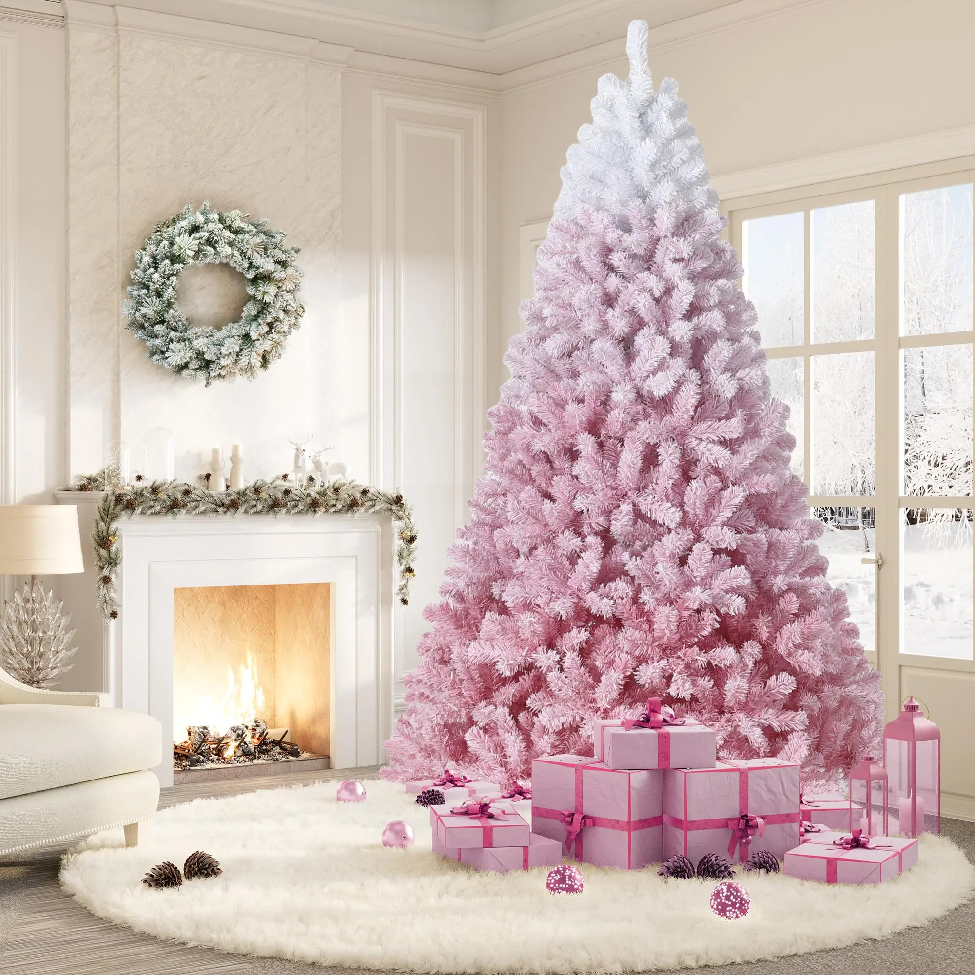 Gaomon 7.5Ft Pink Gradient PVC Snow-Flocked Standing Artificial Christmas Tree, 9ft Tall Option, 100-LED Plug-Powered Reusable Led Lights, 288 Branch Tips, Metal Stand, Indoor Home Furniture Decor Ornament