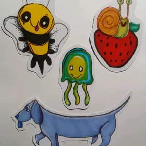 4 cute animals sticker pack - Three unique animal stickers. Dog is about 5" Bee is about 3.5" Jellyfish is about 2.75" Snail is about 3"