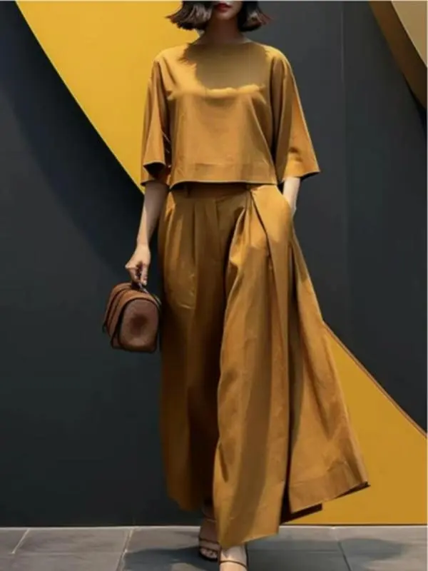 2026 New Spring/Summer Collection: Women's Solid-Color Two-Piece Set — Short-Sleeve Top & Loose-Fit Casual Trousers (Export Style)