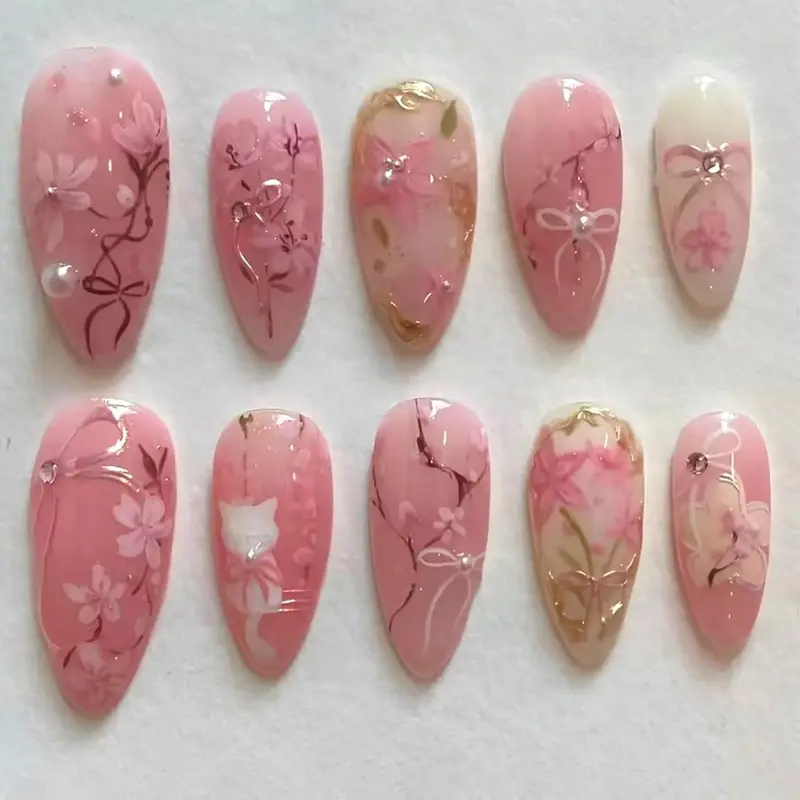 30Pcs Pink Flower Press on Nails Medium Almond Fake Nails Gilding Peach Blossom with Gems Design 3D Pearl Bow False Nails Cute Cat Stick on Nails Handmade Full Cover Artificial Glue on Nails for Women