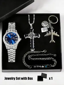 4-Piece Luxury Gift Set with Large Size Watch, Necklace and Bracelet, Cross Punk Style Quartz Men's Watch for Holidays, Men Jewelry，Perfect Gift for Man, Keychain