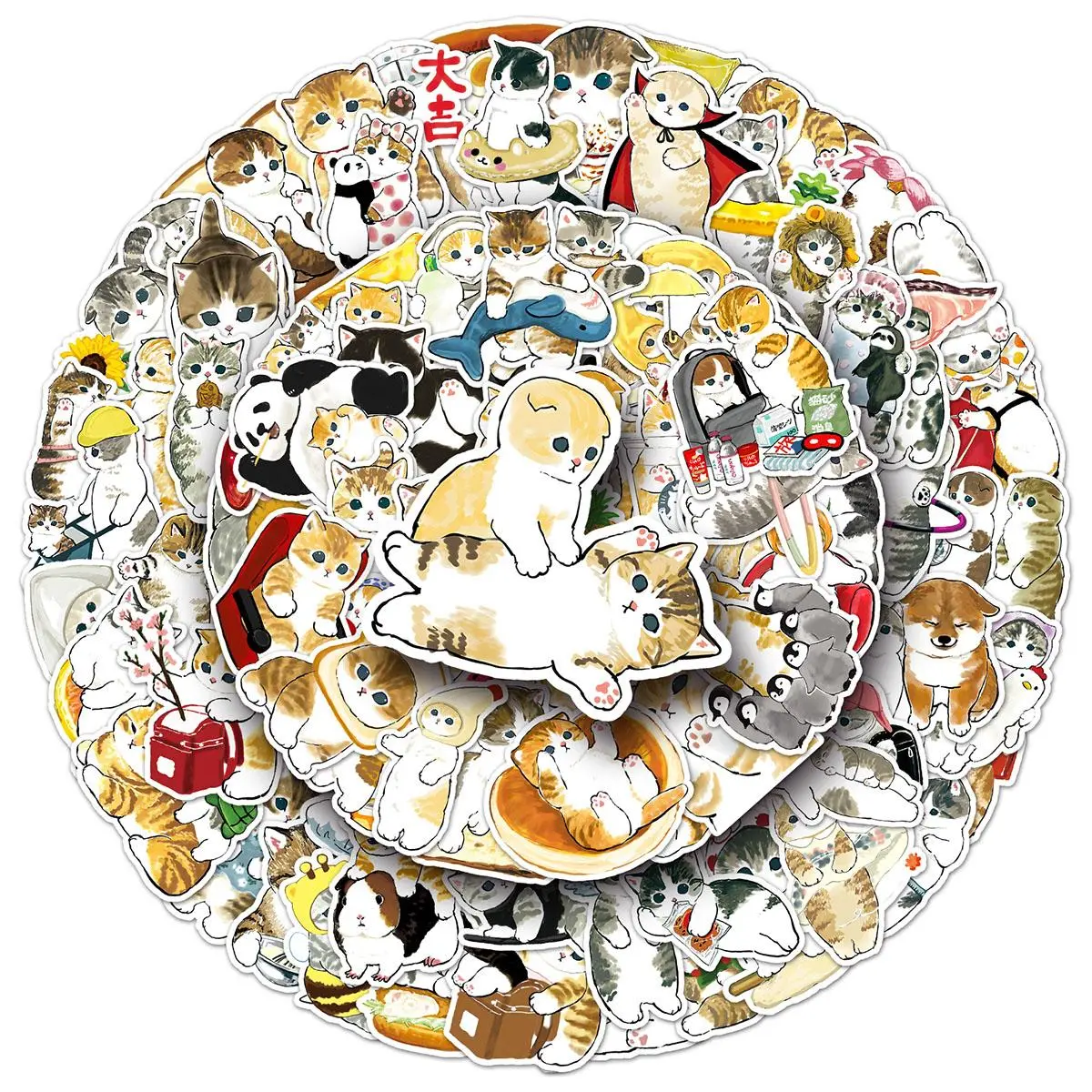 Cute Cat Pattern Sticker, 100pcs/set Round Self Adhesive Decorative Stickers, DIY Sticker Paper Decals for Water Bottle, Laptop, Phone Case, Scrapbooking, Journal Making, Funny Stickers