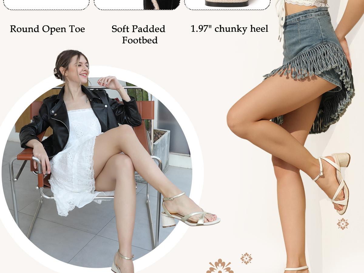 Reitoye Women's Chunky Heels Open Toe Woven Strappy Sandals Ankle Strap Low Block Heel Sandals Comfort Party Shoes