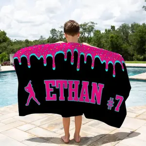 Custom Name Number Ice Cream Drip Baseball Beach Towel For Boys, Drip Beach Towel, Baseball Softball Team Gift, Youth Baseball  Pool Towel