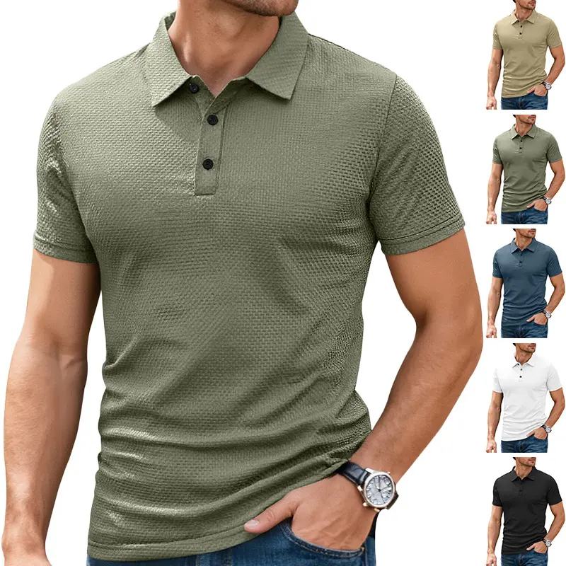 Menswear Men’s Collared Short-Sleeve Polo Shirt, 3 Black Buttons, Solid Color, Breathable Quick-Dry Fabric, Loose Fit, Multi-Color Options, Versatile Top for Business/Commute, Golf