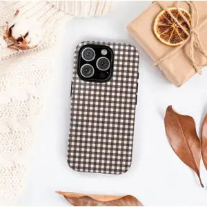 Gingham Phone Collage Case Cover Suitable for IPhone 16 Pro Max IPhone 17 Pro Max, Cute Espresso Brown Fall IPhone 16 Plus Case Cover, Retro Protective Cover Suitable for IPhone 12 13 14 15 16 Pro ProMaX, Gift for Her