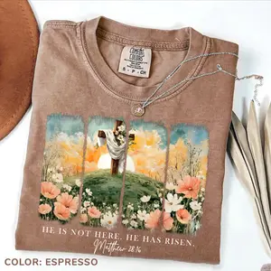 He Is Risen Shirt Comfort Colors, Easter Christian Tee, Matthew 28:6 Bible Verse Shirt, Floral Cross Faith Based Top, Spring Church Outfit