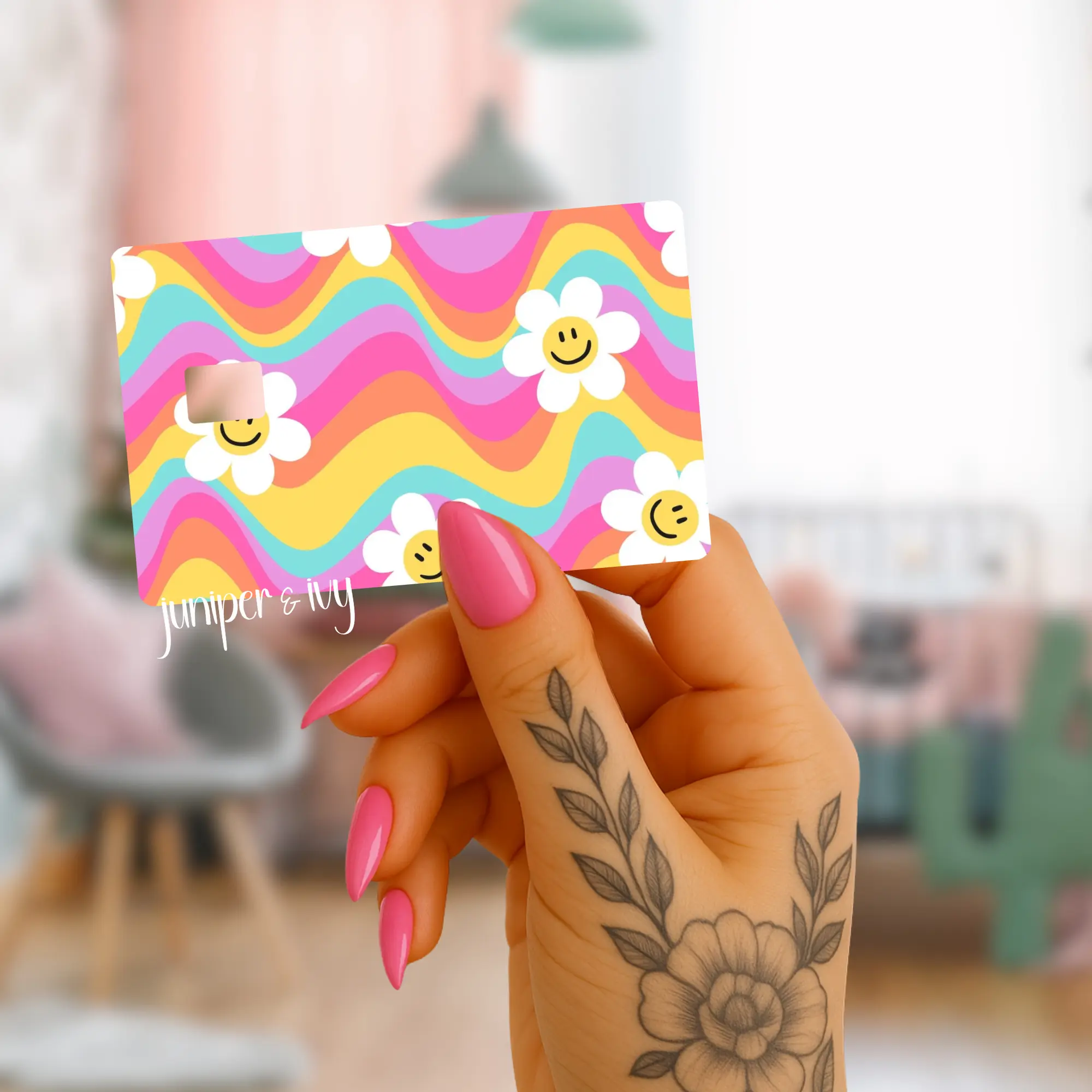 Rainbow flower smiley credit card skin