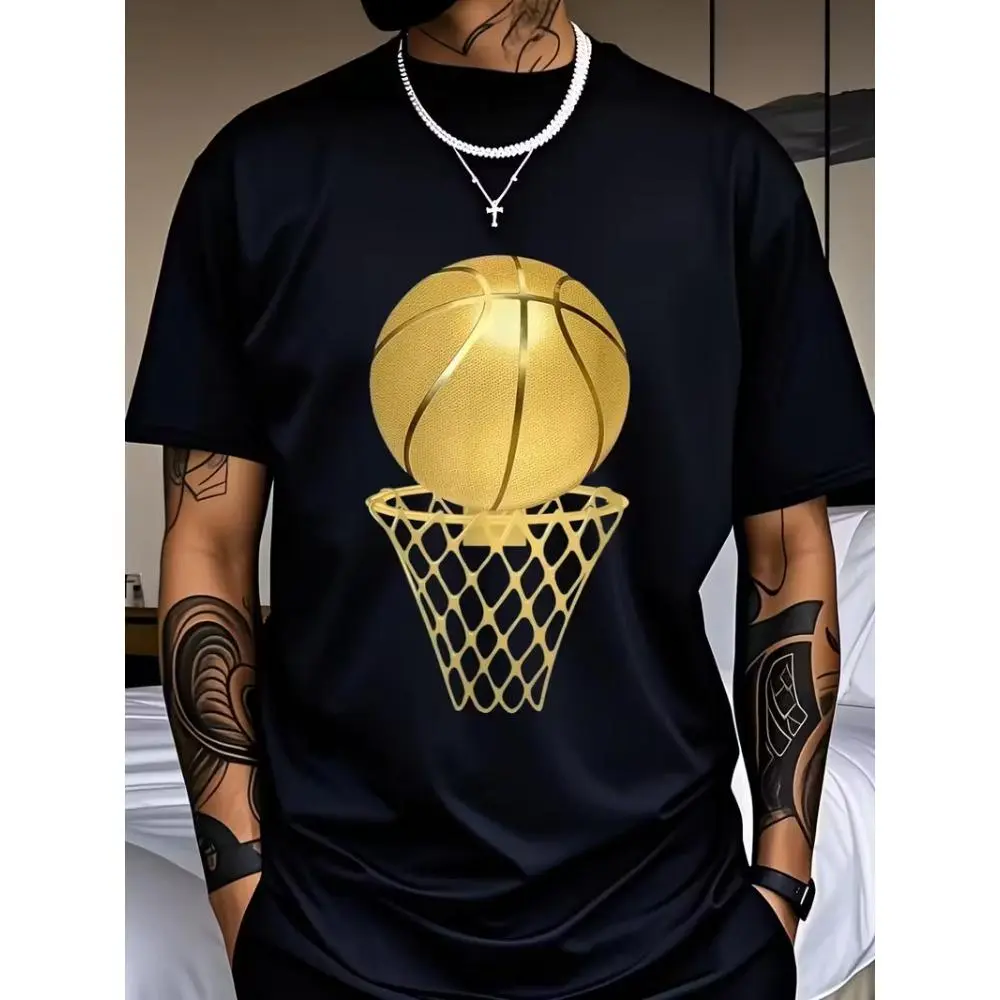 Men's Basketball Graphic T-Shirt - Black & Golden Hoop Design Crew Neck Tee