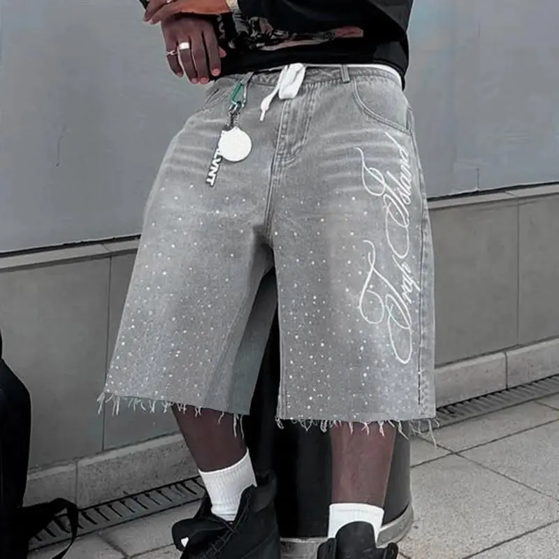 Men's Summer Casual Jorts Shorts - Dad Jean Shorts, Knee-Length, Letter Print, Rhinestone Embroidered, Pocketed Streetwear for Sports & Outdoor Activities (Grey, Beige Plain Tropical), Rhinestones