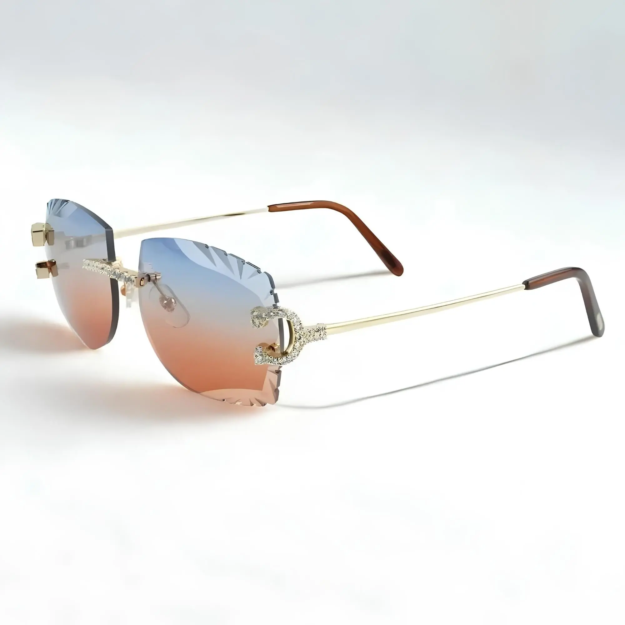 Stylish C-Wire Metal Sunglasses with CZ Iced Out Accents, Lightweight High-Fashion Shades with Orange Lenses for Unisex Casual Wear, Fashion Styling
