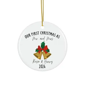 First Christmas Married Ornament, Mr and Mrs Ornament, Personalized Wedding Gift, Newlywed Christmas Ornaments Round Tree