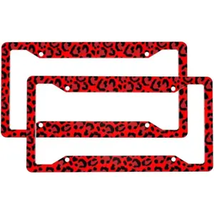 Car License Plate Frames Protector for Women Men - 4 Holes Solid Aluminum Leopard Red Print License Plate Cover for Car Truck Accessories for Women Men with Fasteners and Screws