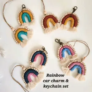 Rainbow Gift Set, includes 1 rainbow keychain and 1 Car Charm, Handmade Accessories, Macrame Cotton Cord