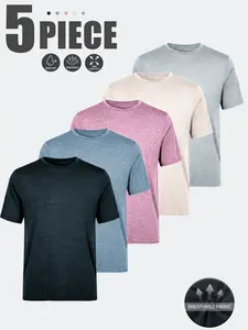 Men’s casual athletic short-sleeve T-shirts, 5 pieces. High-stretch, soft, breathable, comfortable fabric. Available in five colors. Suitable for casual outings and outdoor sports.
