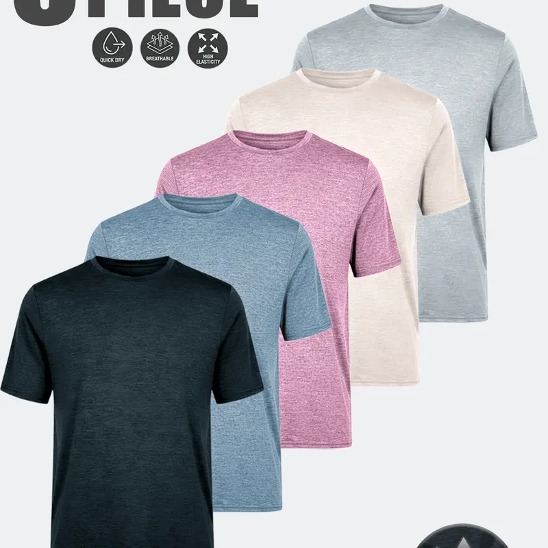 SKYWEHYD Men’s 5-Piece Casual Athletic Short-Sleeve T-Shirts (Men’s Tops), Polyester Blend, High Elasticity, Classic Round Neck, Quick-Dry Soft Breathable Fabric, 5-Color Daily Match, Commute & Gym Versatility
