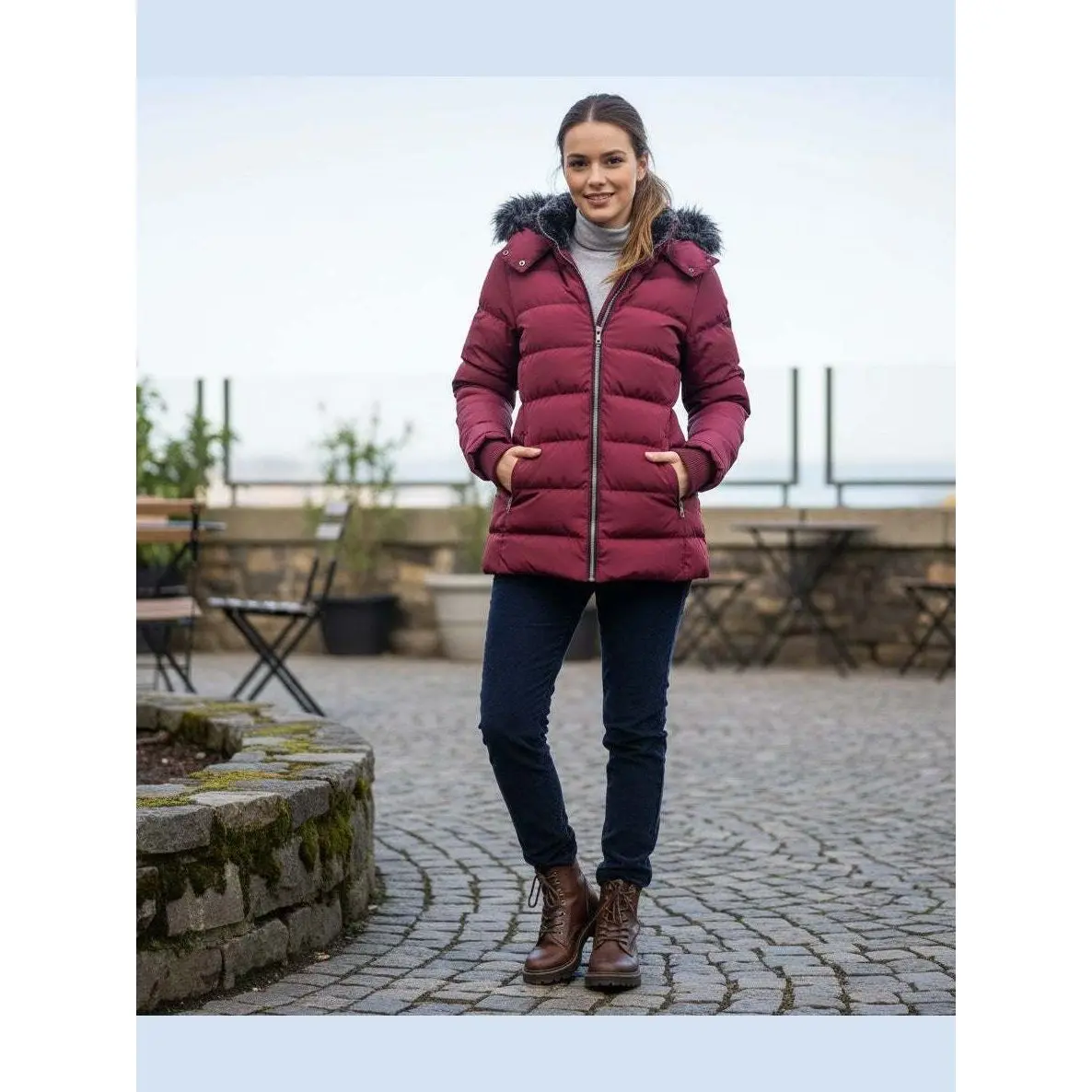 Chic & Cozy Vegan Down Puffer Coat with Faux-Fur Hood for Women