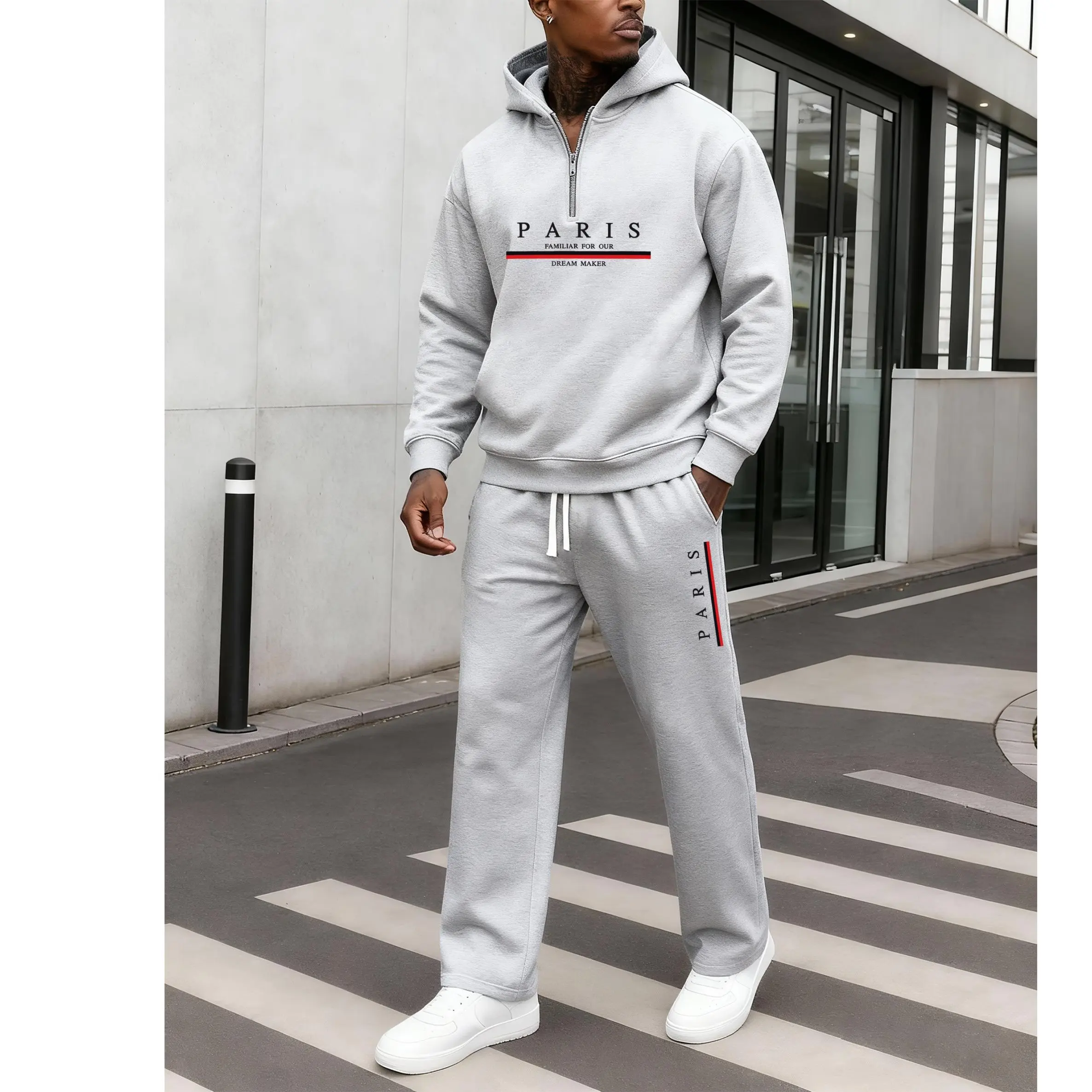 Men's Paris Letter Print Zipper-Collar Hoodie & Drawstring Sweatpants Set, Menswear, Casual Athletic Long Sleeve Hooded Jacket & Trousers for Fall & Winter, Men's Clothing for Daily Wear, Sportswear for Indoor & Outdoor, Tracksuit, Athleisure
