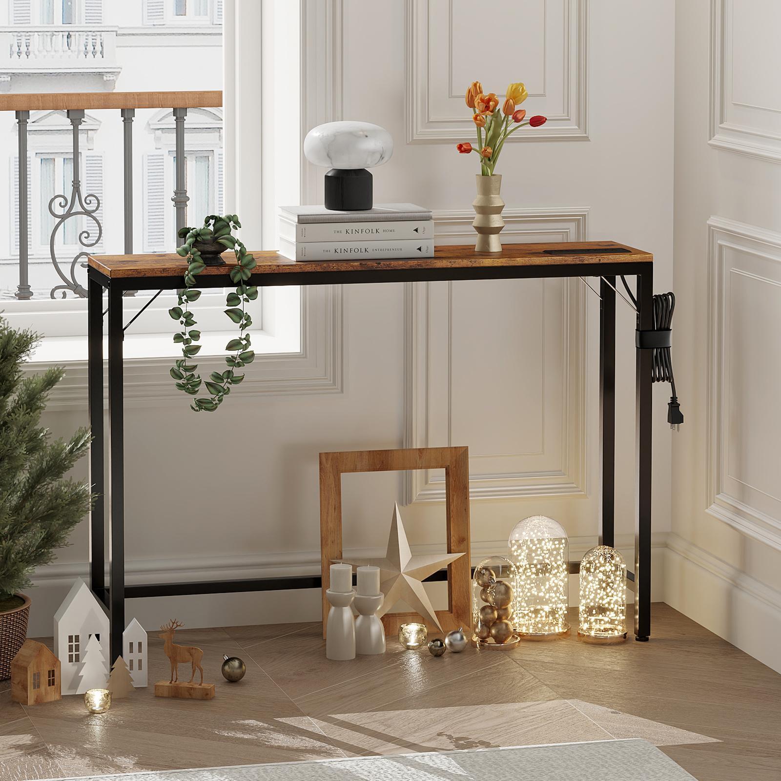 39.4" Narrow Entryway Console Table with Charging Station, Modern Sofa Side Table with Power Outlets & USB Ports, Sturdy MDF & Metal Legs Accent Table for Living Room & Foyer 39.4" Narrow Entryway Console Table with Charging Station, Modern Sofa Side Table with Power Outlets & USB Ports, Sturdy MDF & Metal Legs Accent Table for Living Room & Foyer