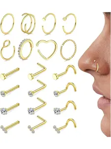 18g 20g Nose Rings Hoops Nose Studs - Hypoallergenic Surgical Steel CZ Nose Stud L Shape Body Nostril Piercing Jewelry for Women Men 14k Gold Plated 20Pcs Nose Rings Set
