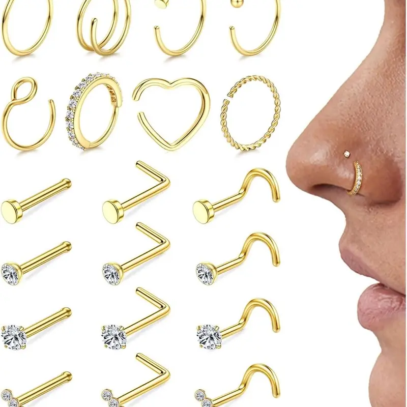 18g 20g Nose Rings Hoops Nose Studs - Hypoallergenic Surgical Steel CZ Nose Stud L Shape Body Nostril Piercing Jewelry Nose Piercings for Women Men 14k Gold Plated 20Pcs