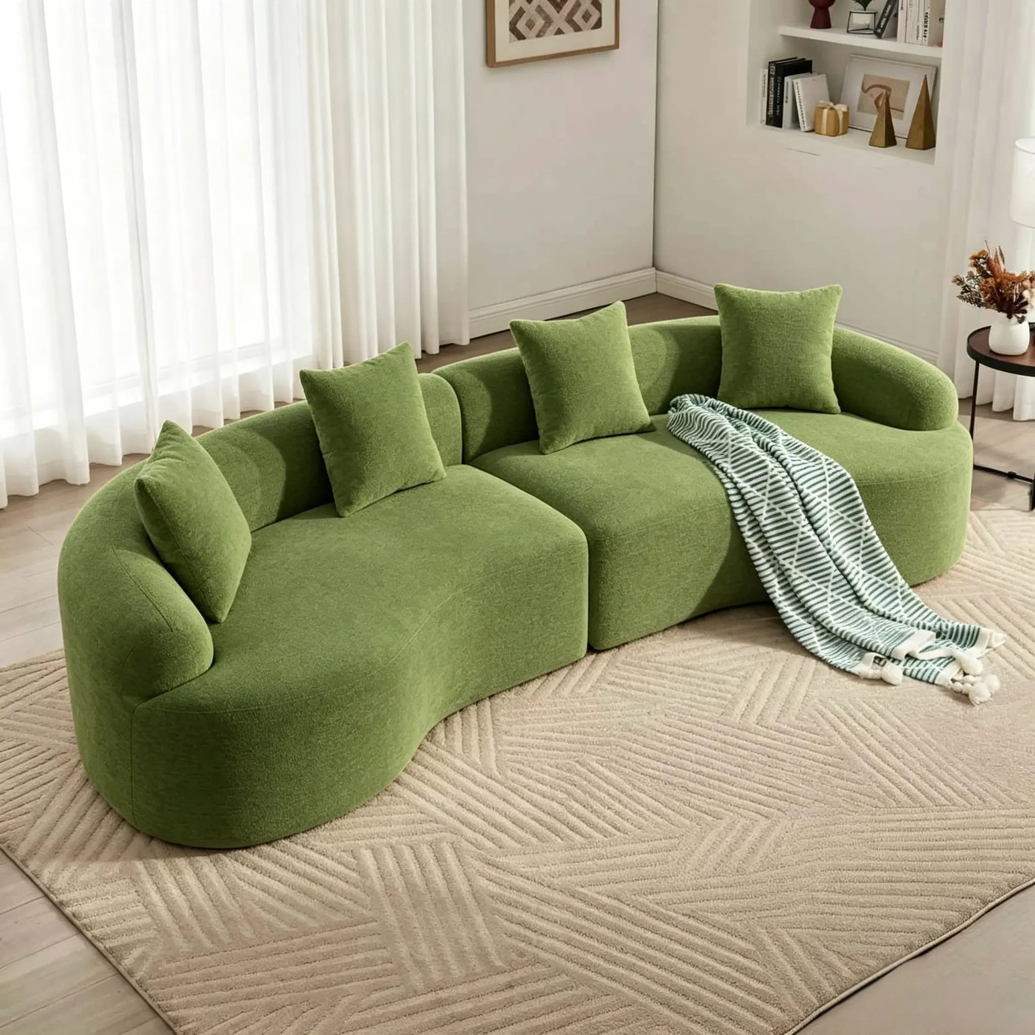 【2 Packages Shipping】110" Curved Boneless Sectional Couch, Oversized Chenille Cloud Sofa with 4 Pillows, No Assembly Affordable Sofa for Living Room and Apartment