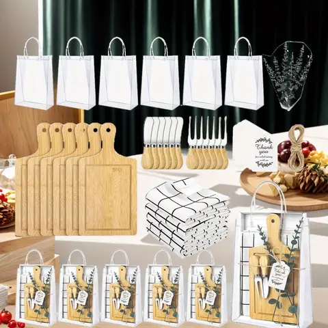 Bamboo & Metal Bridal Shower Gift Set - Cheese Board, Spoon, Fork, Butter Spreaders, Plaid Towel Set, Thank You Card, Gift Packaging for Wedding Favor, Party Bags Giveaways