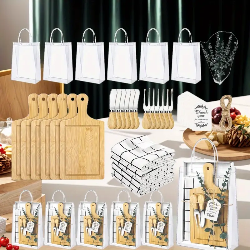 Bamboo & Metal Bridal Shower Gift Set - Cheese Board, Spoon, Fork, Butter Spreaders, Plaid Towel Set, Thank You Card, Gift Packaging for Wedding Favor, Party Bags Giveaways