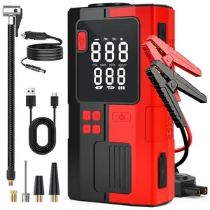Multifunctional emergency starter, LED flashlight, emergency vehicle tool with a secure design and sturdy structure, equipped with an air pump, car emergency power supply, portable tire inflator, and a two-in-one starting tool
