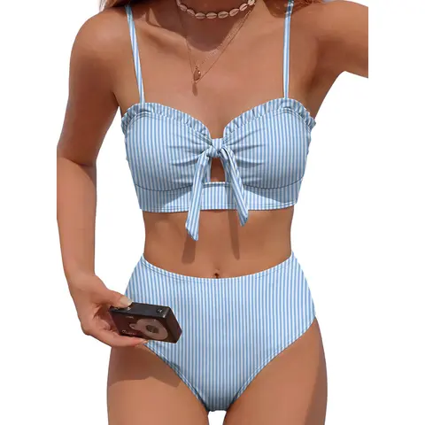 Aleumdr Women's 2-Piece Front Knot Bikini Set - High Waisted, Tummy Control, Cut-Outs, Adjustable Straps - Beach Swimwear for Figure Enhancement