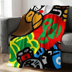Ape Colorful Character Patchwork Flannel Blanket | Streetwear Cool & Colorful Patchwork Design, Sofa Bed Cover, Camping Warm Blanket, Skin-Friendly Nap Throw For Office, Must-Have For Streetwear Gamers
