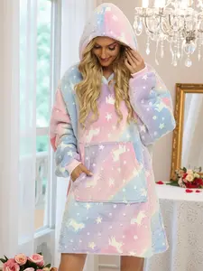 Women's Unicorn Print Hooded Lounge Jumpsuit, Casual Long Sleeve Pocket Design Sleepwear for Daily Wear, Ladies Sleepwear for All Seasons, Onesies