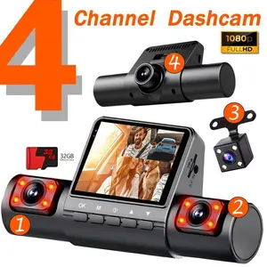 4-Channel 2'' Car 360° Dash Cam, 1080P Car DVR Video Recorder 1080P Front and 480P Left and Right Rear Night Vision Loop Recording 24 Hours Parking Surveillance Motion Detection 32G TF Card